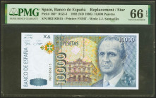 10000 Pesetas. 12 de Octubre de 1992. Serie especial 9B. (Edifil 2021: 485b, Pick: 166*). Raro en esta excepcional calidad. SC. Encapsulado PMG66EPQ.