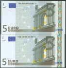 5 Euros. 1 de Enero de 2002. Pareja correlativa. Firma Trichet. Serie V (España) (cabe recordar que el último dígito de la numeración de todos los bil...