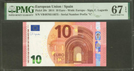 10 Euros. 23 de Septiembre de 2014. Firma Lagarde. Serie V (España). (Edifil 2021: 494a, Pick: 28v). SC. Encapsulado PMG67EPQ.