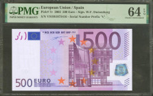 500 Euros. 1 de Enero de 2002. Firma Duisenberg. Serie V (España). (Edifil 2021: 492, Pick: 7v). SC. Encapsulado PMG64EPQ.