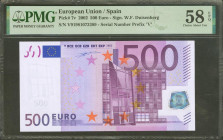 500 Euros. 1 de Enero de 2002. Firma Duisenberg. Serie V (España). (Edifil 2021: 492, Pick: 7v). EBC+++. Encapsulado PMG58EPQ.