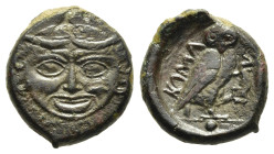 SICILY. Kamarina. AE Onkia (circa 420-405 BC).

Obv: Facing gorgoneion.
Rev: KAMA.
Owl standing left, holding lizard; pellet in exergue.

HGC 2, 552.
...