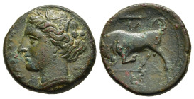 SICILY. Syracuse. Hieron II (275-215 BC). AE.

Obv: ΣYPAKOΣIΩN.
Wreathed head of Persephone left.
Rev: Bull butting left; above, club and IA; in exerg...