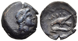 SKYTHIA. Olbia. AE (circa 380-360 BC).

Obv: Head of Demeter right, wearing grain wreath.
Rev: OΛBIO.
Eagle standing left on dolphin left.

HGC 3.2, 1...