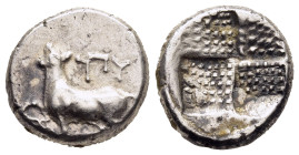 THRACE. Byzantion. Drachm (circa 387/6-340 BC).

Obv: 'ΠΥ.
Bull standing left on dolphin left; monogram to left.
Rev: Stippled quadripartite incuse sq...