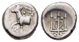 THRACE. Byzantion. Hemidrachm (circa 387/6-340 BC).

Obv: 'ΠΥ.
Forepart of heifer standing left on dolphin left; monogram below raised foreleg.
Rev: T...