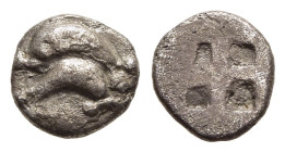 ISLANDS off THRACE. Thasos. Sixteenth Stater – Obol (circa 500-480 BC).

Obv: Two dolphins swimming in opposite directions; pellets around.
Rev: Quadr...