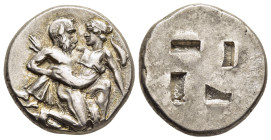 ISLANDS off THRACE. Thasos (circa 412-404 BC). Stater.

Obv: Satyr advancing right, carrying protesting nymph; to right, dolphin downward.
Rev: Quadri...