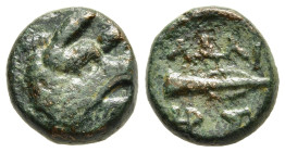 KINGS OF THRACE (Seleukid). Adaios (Strategos, circa 255-245 BC). AE. Kypsela.

Obv: Head of boar right.
Rev: AΔAI.
Spearhead right; monogram and Σ be...