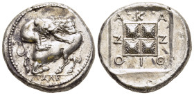 MACEDON. Akanthos. Tetradrachm (Circa 430-390 BC). Alexis, magistrate.

Obv: AΛ(EΞI).
Lion right, attacking bull crouching left; olive branch above.
R...