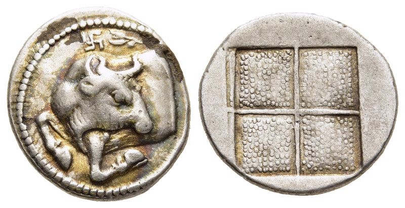 MACEDON. Akanthos. Tetrobol (circa 430-390 BC).

Obv: Forepart of bull left, hea...