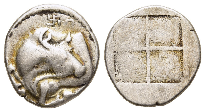 MACEDON. Akanthos. Tetrobol (circa 430-390 BC).

Obv: Forepart of bull left, hea...