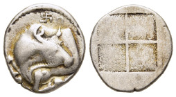 MACEDON. Akanthos. Tetrobol (circa 430-390 BC).

Obv: Forepart of bull left, head right; swastika and Π above.
Rev: Stippled quadripartite incuse squa...