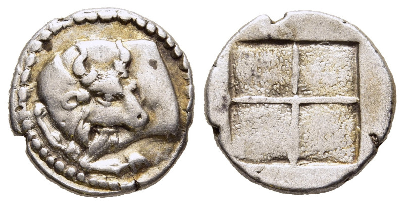 MACEDON. Akanthos. Tetrobol (circa 430-390 BC).

Obv: Forepart of bull left, hea...