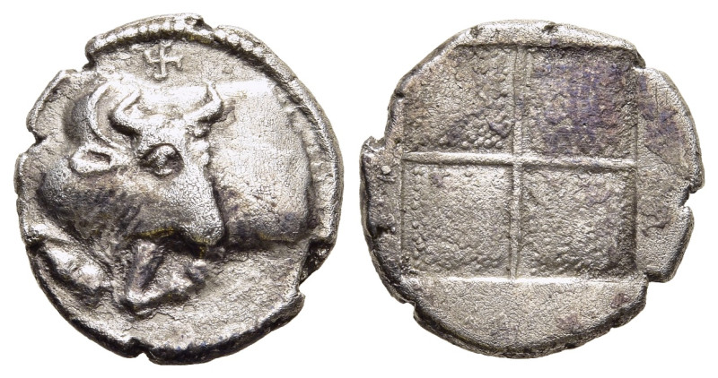 MACEDON. Akanthos. Tetrobol (circa 430-390 BC).

Obv: Forepart of bull left, hea...