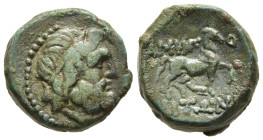 MACEDON. Amphipolis. AE (circa 187-168/7 BC). 

Obv: Diademed head of Poseidon right.
Rev: ΑΜΦΙΠΟ/ ΛΕΙΤΩΝ.
Horse advancing right; theta below.

HGC 3,...
