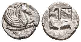 MACEDON. Argilos. Tetrobol (circa 510-480 BC).

Obv: Forepart of Pegasos right; pellets around.
Rev: Quadripartite incuse square. 

Liampi, Argilos pg...