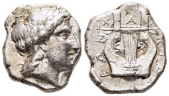 MACEDON. Chalkidean League. Tetradrachm (Circa 420- 365 BC). Olynthos.

Obv: Laureate head of Apollo right.
Rev: X-A-Λ-KIΔ-EΩN.
Kithara.

HGC 3, 498; ...