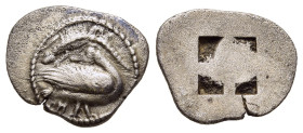 MACEDON. Eion. Trihemiobol (circa 460-400 BC).

Obv: Goose standing right, head reverted; lizard above; H to lower left.
Rev: Quadripartite incuse squ...