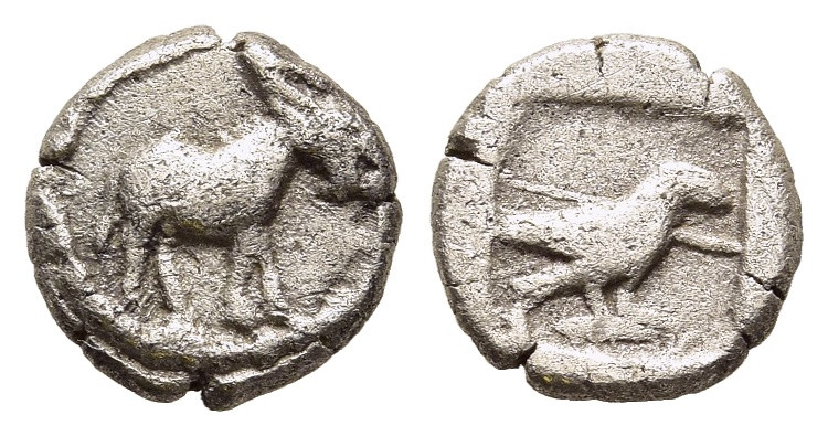MACEDON. Mende. Samian Obol (circa 460-423 BC). 

Obv: Ass standing right.
Rev: ...