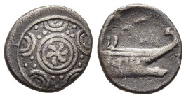 MACEDON. Pella. The Bottiaei. Triobol (circa 187-168 BC).

Obv: Macedonian shield, with whirl on boss.
Rev: Prow of a galley right.

HGC 3, 358.

Cond...