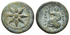 MACEDON. Uranopolis. AE (circa 300 BC).

Eight-pointed star and crescent.
Rev. OYPANIΔΩ-ΠΟΛΕΩΣ.
Zeus-Ouranios seated slightly to left on globe, holdin...