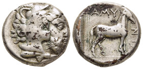 KINGS of MACEDON. Amyntas III (394/3-370/69 BC). Silver plated Stater. Aigai or Pella mint.

Obv: Head of Herakles right, wearing lion skin.
Rev: AMYN...