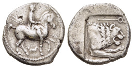 KINGS OF MACEDON. Perdikkas II (451-413 BC). Tetrobol. Aigai(?).

Obv: Warrior, holding two spears, on horse prancing right; below dog standing right....