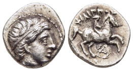 KINGS OF MACEDON. Philip II (359-336 BC). 1/5 Tetradrachm. Amphipolis.

Obv: Diademed male head right.
Rev: ΦΙΛΙΠΠΟΥ.
Youth on horse rearing right; be...