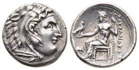 KINGS OF MACEDON. Alexander III 'the Great' (336-323 BC). Drachm. Lampsakos.

Obv: Head of Herakles right, wearing lion skin.
Rev: AΛEΞANΔPOY.
Zeus se...