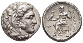 KINGS OF MACEDON. Alexander III 'the Great' (336-323 BC). Tetradrachm. Sardes.

Obv: Head of Herakles right, wearing lion skin.
Rev: AΛEΞANΔPOY.
Zeus ...
