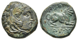 KINGS OF MACEDON. Kassander (316-297 BC). AE. Pella.

Obv: Head of Herakles right, wearing lion skin headdress.
Rev: ΚΑΣΣΑΝ / ΔPOY.
Lion crouching rig...