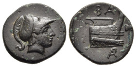 KINGS OF MACEDON. Demetrios I Poliorketes (306-283 BC). AE. Uncertain mint in Caria(?).

Obv: Helmeted head of Athena right.
Rev: BA.
Prow right; labr...
