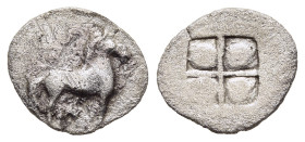 THRACO-MACEDONIAN TRIBES. Bisaltai. Obol (ca. 475-450 BC). 

Obv: Horse standing to right.
Rev: Quadripartite incuse square. SNG ANS 21 var (diobol); ...
