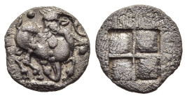 THRACO-MACEDONIAN TRIBES. Mygdones or Krestones. Trihemiobol (circa 485-470 BC).

Obv: Goat kneeling right, head left; pellets around.
Rev: Quadripart...