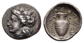 THESSALY. Lamia. Obol (circa 350-300 BC).

Obv: Head of Dionysos left, wearing ivy wreath.
Rev: ΛΑΜΙΕ-ΩΝ.
Amphora; ivy leaf above, prochous with handl...
