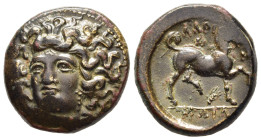 THESSALY. Larissa (circa 356-337 BC). AE Tetrachalkon.

Obv: Head of the nymph Larissa facing slightly left.
Rev: Horse prancing right; E above, grain...