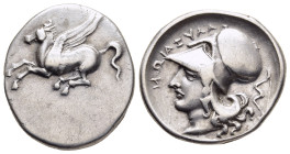 AKARNANIA. Alyzeia. Stater (Circa 350-250 BC).

Obv: Pegasos flying left.
Rev: ΑΛΥΣΑΙΩΝ.
Helmeted head of Athena left; bow to right.

BCD Akarnania 64...
