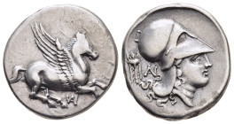 AKARNANIA. Anaktorion. Stater (Circa 350-300 BC).

Obv: Pegasos flying right; monogram below.
Rev: Helmeted head of Athena right; tripod and monogram ...
