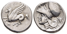 AKARNANIA. Anaktorion. Stater (Circa 320-280 BC).

Obv: Pegasos flying left, AN monogram below.
Rev: Helmeted head of Athena left; AN monogram to left...