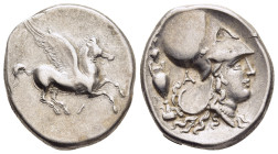 AKARNANIA. Leukas (circa 320-280 BC). Stater.

Obv: Pegasos with straight wings flying right; Λ below.
Rev: Head of Athena to right, wearing Corinthia...