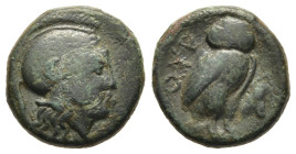 AKARNANIA. Thyrrheion. AE (circa 350-300 BC).

Obv: Helmeted head of Athena right.
Rev: Owl standing right, head facing; ΘYP upwards to left, horse fl...