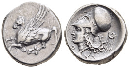 AKARNANIA. Thyrrheion. Stater (Circa 320-280 BC).

Obv: Pegasus flying left; Θ below.
Rev: Θ YΛ H.
Helmeted head of Athena left. Control: Tripod behin...