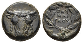 PHOKIS. Federal Coinage. Time of Onymarchos (circa 354-352 BC). AE.

Obv: Filleted head of bull facing.
Rev: ONY / MAP / XΟΥ.
Legend within wreath.

B...