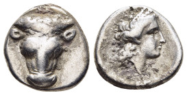 PHOKIS. Federal Coinage. Time of Phayllos (circa 352-351 BC). Hemidrachm. Delphi.

Obv: Facing bull's head.
Rev: Laureate head of Apollo to right.

BC...