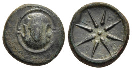 BOEOTIA. Orchomenos. AE (circa 371-364 BC).

Obv: Boeotian shield, decorated with grain ear.
Rev: E - P - X - O.
Eight-pointed star around central pel...