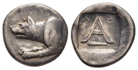 ARGOLIS. Argos. Triobol (circa 330-270 BC).

Obv: Forepart of wolf at bay left.
Rev: Large A; A-P across upper field, club below; all within shallow s...