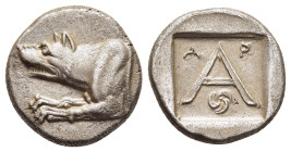 ARGOLIS. Argos. Triobol (circa 330-270 BC).

Obv: Forepart of wolf at bay left.
Rev: Large A; A-P across upper field, triskeles below; all within shal...
