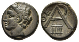 ARKADIA. Arkadian League. AE (circa 300-275 BC). Megalopolis.

Obv: Horned head of Pan left.
Rev: Arkadian League monogram; ΘE to left, syrinx below. ...