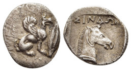 CIMMERIAN BOSPOROS. Gorgippia as Sindikos Limen. Diobol (circa 400 BC). 

Obv: Griffin seated right, barley grain before.
Rev: Horse's head to right, ...